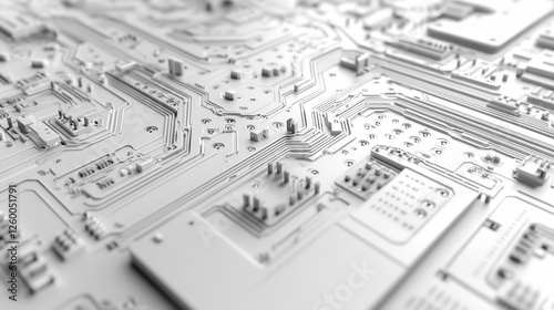 Close-up of a complex white circuit board with intricate pathways and components.