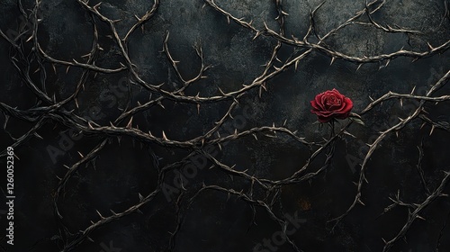 A single red rose amidst thorny branches against a dark wall