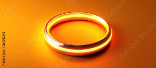 Sleek glowing neon ring with a reflective silver edge centered against a bright orange backdrop creating a minimalist futuristic design