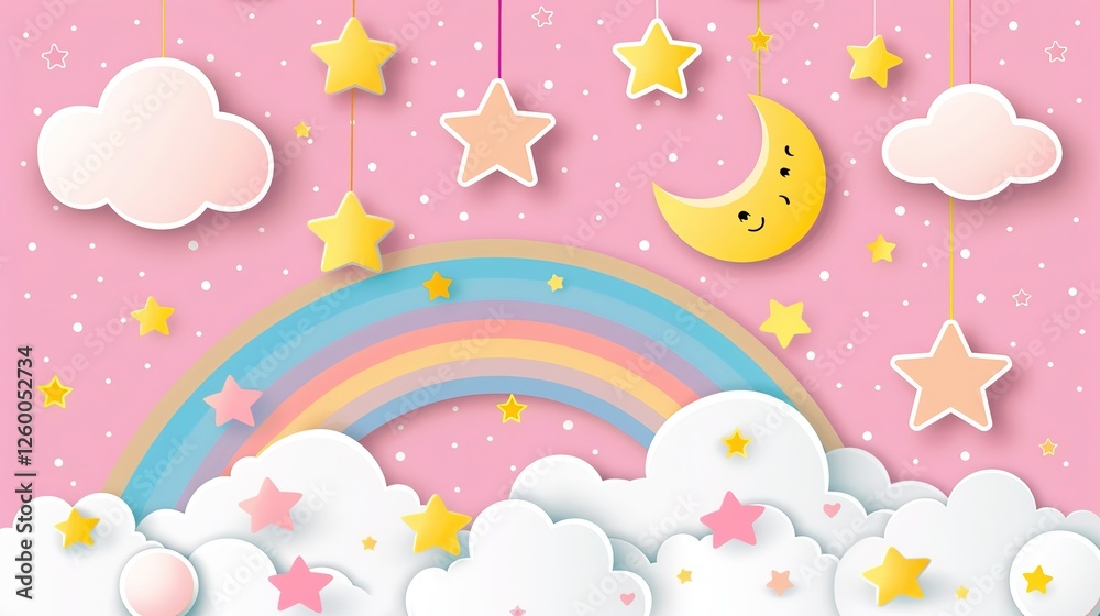 Pastel Rainbow Sky with White Clouds and Stars Over Pink Background, Fantasy Landscape Illustration, Heavenly Dreamy Romantic Scene with Detailed Soft Colors and Beautiful Lighting Pastel Rainbow Sky with White Clouds and Stars Over Pink Background, Fantasy Landscape Illustration, Heavenly Dreamy Romantic Scene with Detailed Soft Colors and Beautiful Lighting
