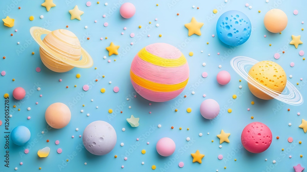 Pastel, colorful planets on a pastel blue background. Aesthetic, girly, kids, cute concept.