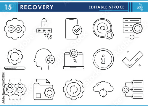 A set of line icons related to recovery. Recover, password, industrial, email, computing, approval, cloud, data, health, and so on. Vector editable stroke.