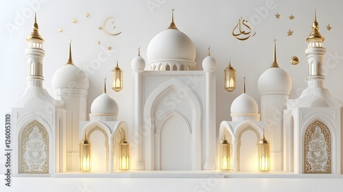 Wallpaper Mural A modern style mosque in white and gold 3D illustrations, decorated with crescent moons and Ramadan lanterns, creating an elegant feel suitable for Eid posters, banners and social media. Torontodigital.ca