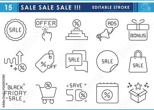 A set of line icons related to Sale. Save, bonus, discount, percent, offer, marketing, shopping, gift, and so on. Vector editable stroke.