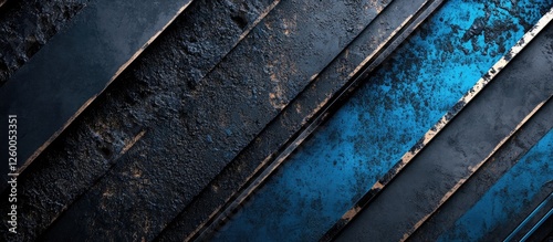 Metallic black and blue diagonal stripes with a brushed texture showcase an elegant interplay of colors in a sleek and modern background design.