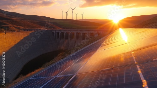 Sunset over dam, solar panels, wind turbines; renewable energy photo