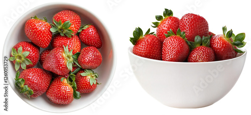 Fresh red strawberries in white bowls with green leaves isolated on a transparent background, side view and top view