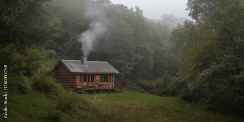 Misty Forest Cabin In Fog photo