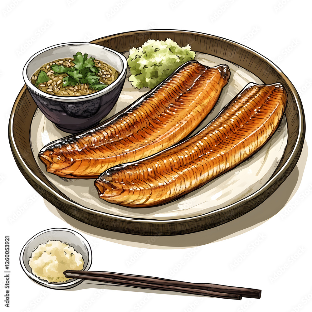 anime style illustration of a japanese yakizakana, grilled fish, on a white background, looking delicious