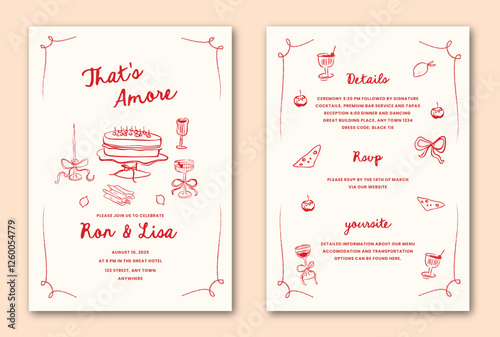 La dolce vita hand drawn whimsical doodle wedding invitation template