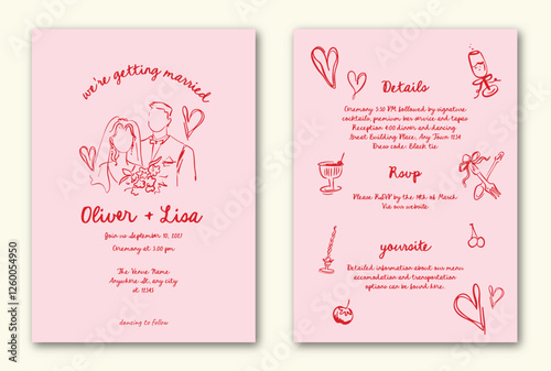 La dolce vita hand drawn whimsical doodle wedding invitation template