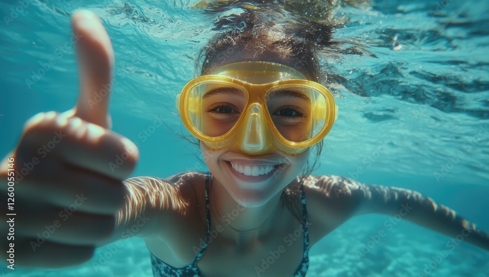 Naklejka premium A girl wearing yellow goggles and swimming in the clear blue water, giving a thumbs up with both hands