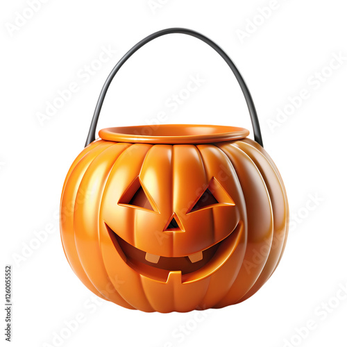 Cute orange halloween pumpkin treat bucket with handle 3d fun toy fall on transparent background