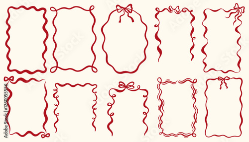 Vintage bows frame for greeting cards, wedding and birthday party, picnic invitations in cute elegant coquette style. Hand drawn pink frames with bow and ribbons border illustration