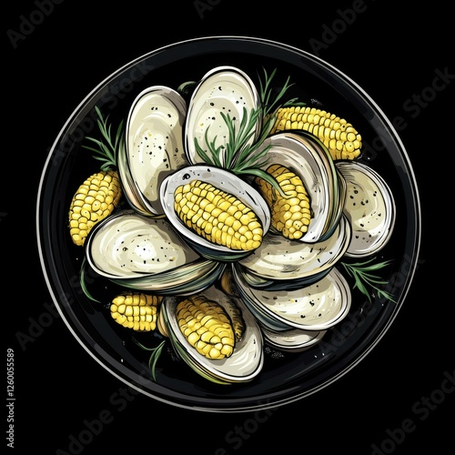 Black plate with clams and corn on the cob in artistic display photo