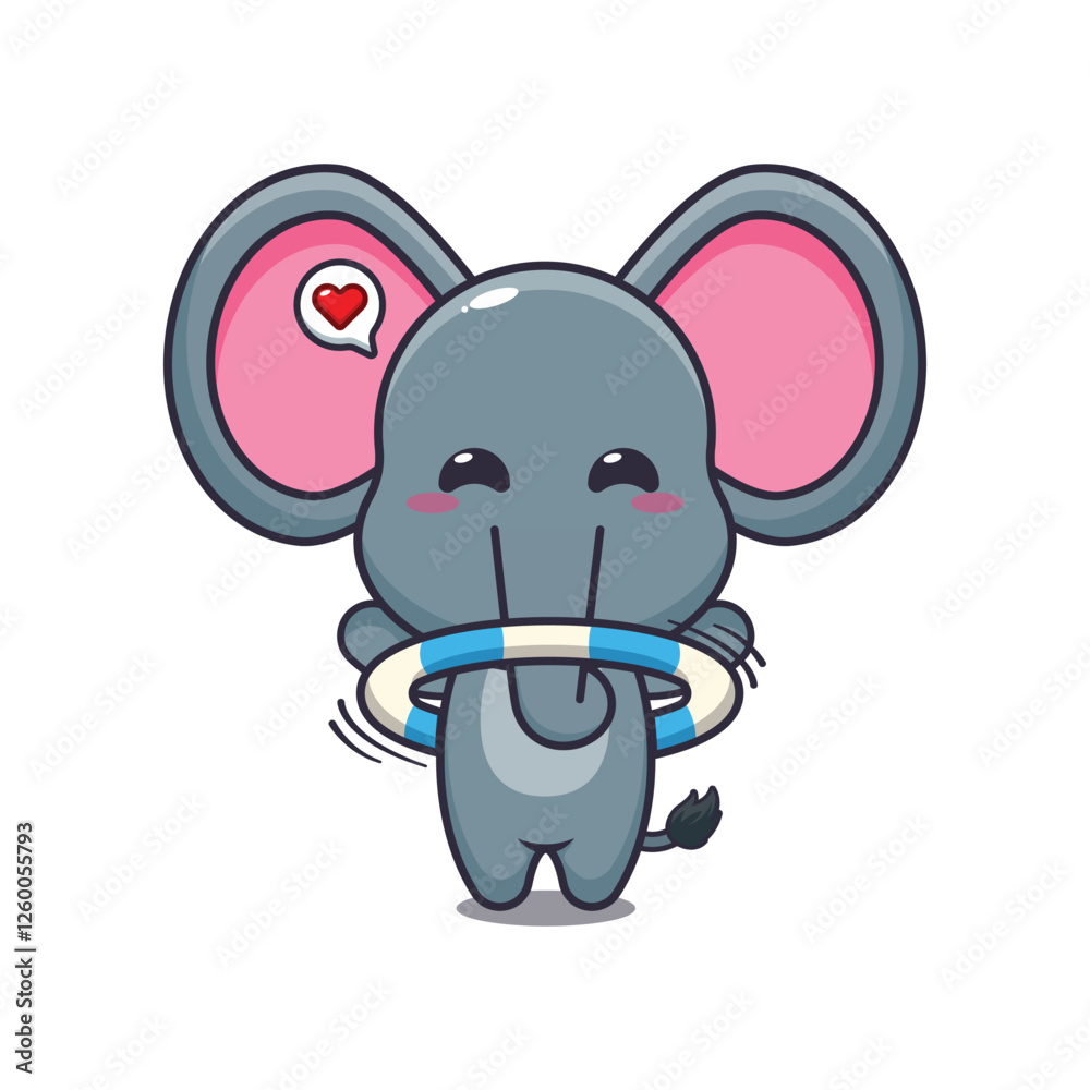Fototapeta premium Cute elephant playing hula hoop cartoon vector illustration