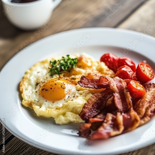 A breakfast of fried bacon, eggs and roast tomatoes
