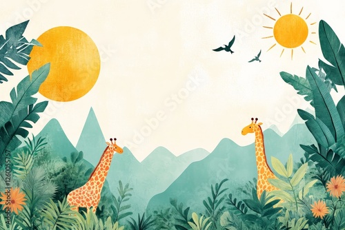 Wallpaper Mural Two giraffes among green foliage under a bright sun in a serene landscape with mountains in the distance Torontodigital.ca