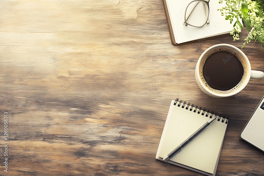 A cozy workspace featuring a cup of coffee, a notepad, glasses, and a small plant on a wooden table. A cozy workspace featuring a cup of coffee, a notepad, glasses, and a small plant on a wooden table.