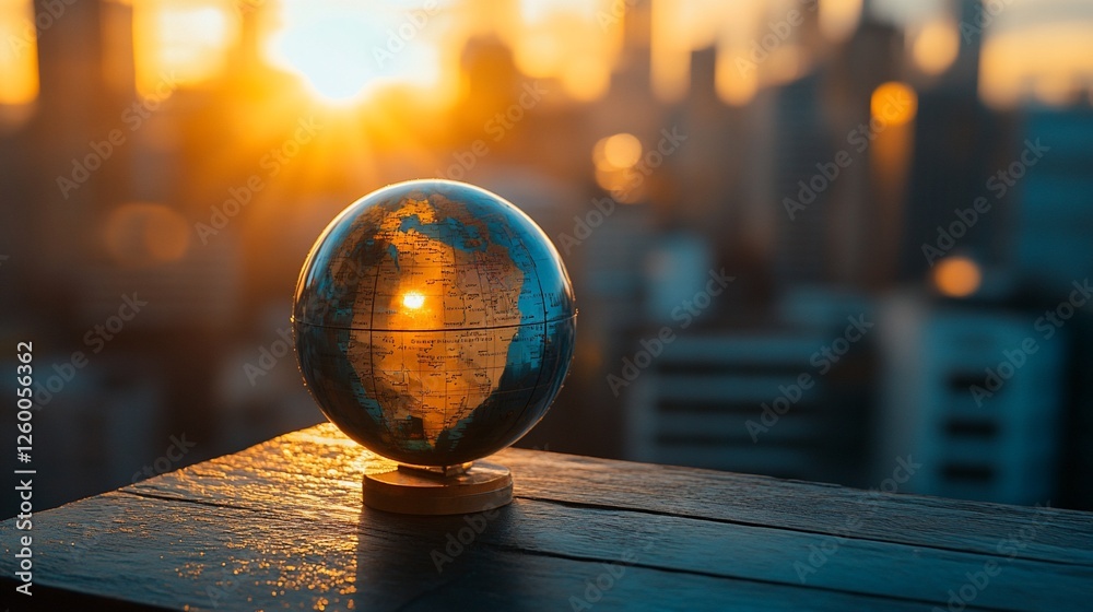 Glass globe reflecting sunset over city skyline. Glass globe reflecting sunset over city skyline.
