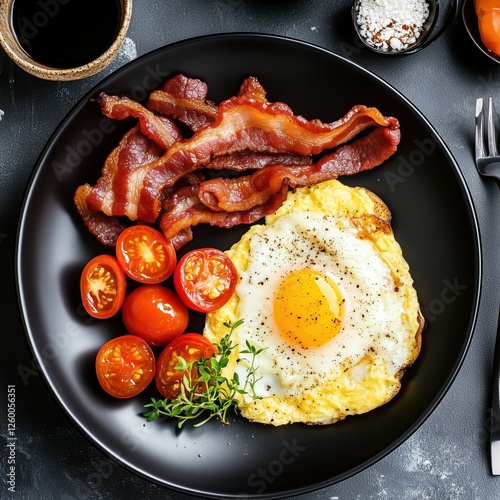 A fried bacon, eggs and roasted tomatoes breakfast