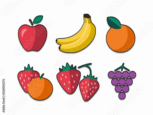 Colorful fruit icons including apple banana orange and strawberries