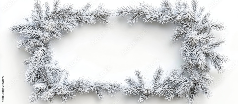 Obraz premium Festive fir branch frame with snow accents in silver tones centered on a white background, perfect for holiday greetings and promotions.