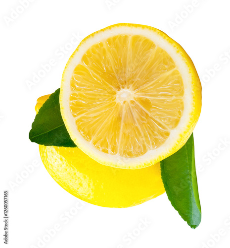 Top view of yellow lemon fruit with half and green leaves isolated on white background with clipping path