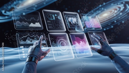 AI Robotic hands controlling a future science dashboard wallpaper design illustration