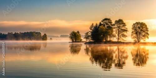 Soft morning light illuminates the bay's tranquil surface as a layer of mist rises from the water, revealing the silhouettes of trees along the shore , serene, mist