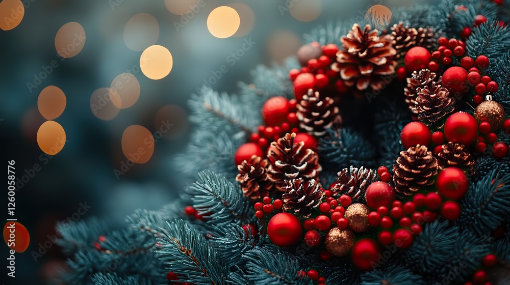 christmas background with wreath and decorations on bokeh background christmas background with wreath and decorations on bokeh background