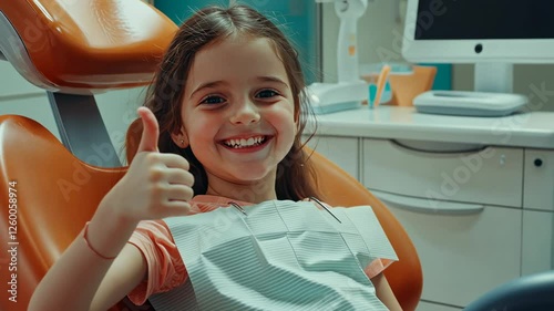 Happy young girl giving a thumbs-up at the dentist’s office. Pediatric dental care, children's oral health, positive medical experiences, bright smiles, and friendly healthcare trends. photo