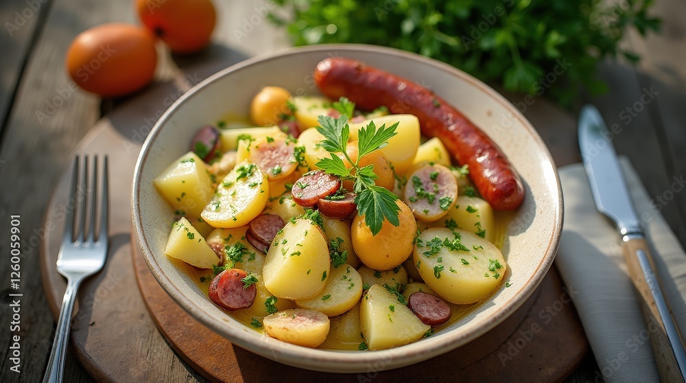 Top-down view of traditional German kartoffelsalat with sausage Top-down view of traditional German kartoffelsalat with sausage
