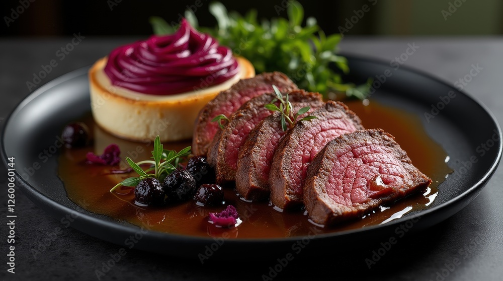 Sauerbraten with artistic presentation and modern garnishes in Germany Sauerbraten with artistic presentation and modern garnishes in Germany