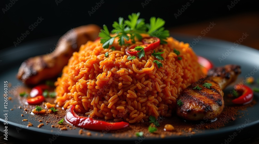 Striking artistic presentation of Ghanaian jollof rice on a dark plate