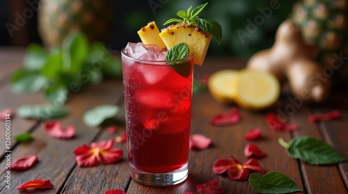 Refreshing glass of sobolo hibiscus tea served over ice in Ghana photo