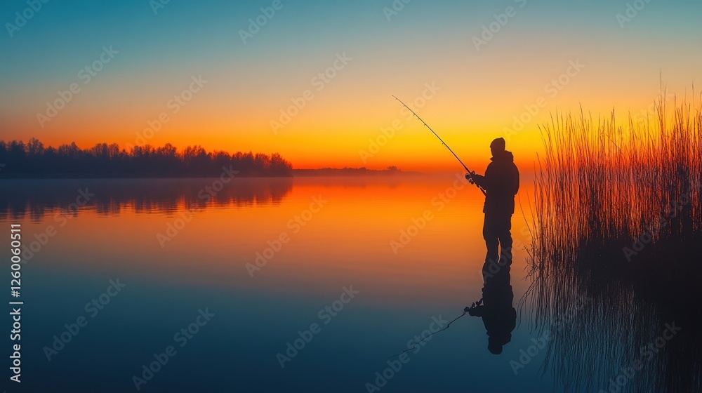 Silhouette of fisherman casting at sunrise over calm lake on white background Silhouette of fisherman casting at sunrise over calm lake on white background