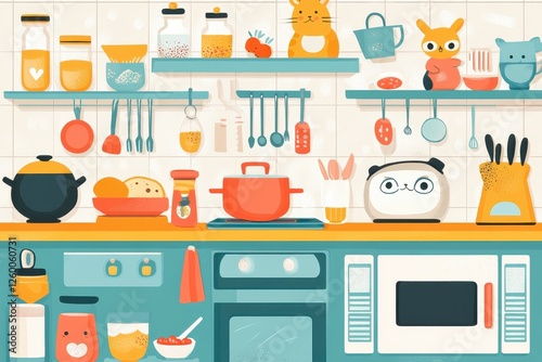 Stylized illustration of a kitchen scene with various kitchen items photo