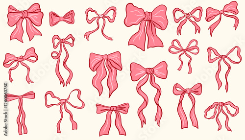 Hand drawn coquette ribbon and bow. Vintage coquette bows.  Minimalist bowknot for wedding, birthday, christmas cards, poster, tattoo, gift, frames. Doodle Sketch vector elements.