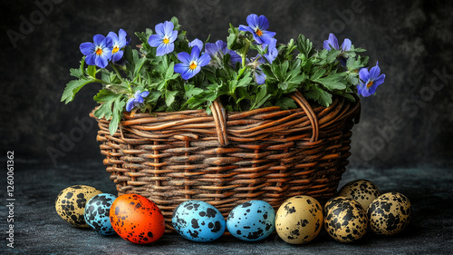A rustic wicker basket filled with blooming blue violets, surrounded by colorful speckled Easter eggs on a dark textured background