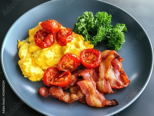 Fried bacon, scrambled eggs and roast tomatoes breakfast