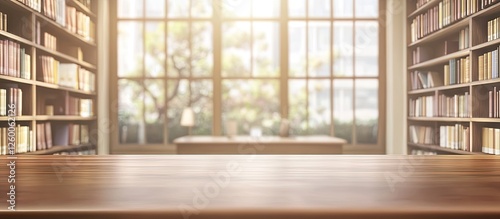 Library interior with warm sunlight filtering through large windows, wooden table in foreground, bookshelves filled with books on either side.