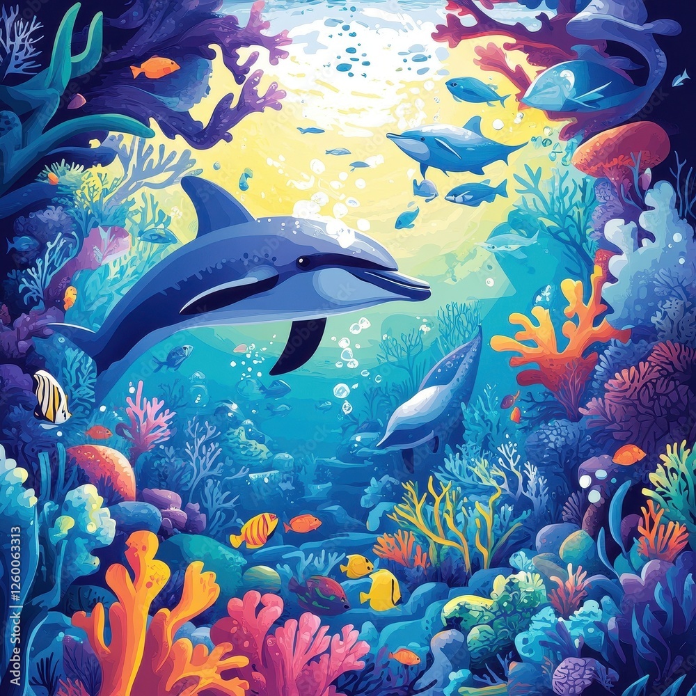 Obraz premium Vibrant illustration shows dolphins swimming in a colorful coral reef