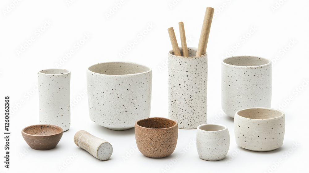 Naklejka premium Minimalist ceramic kitchenware set featuring various shapes and sizes. Perfect for modern home decor and functional use