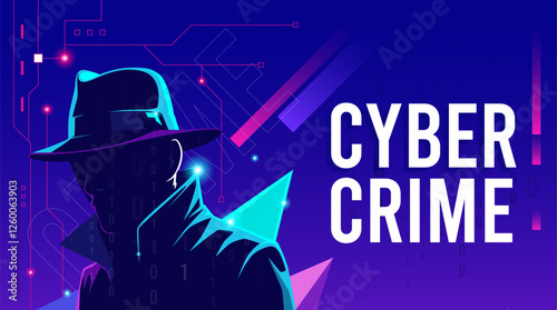 Silhouette of a mysterious man wearing a hat with light reflections against a background of binary code and geometric ornaments behind him. Cybercrime concept design