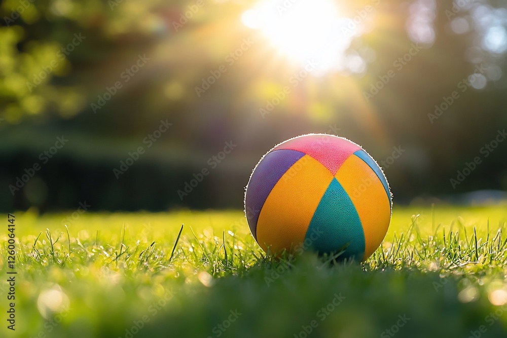 Colorful ball sits on grassy lawn in sunlight. Colorful ball sits on grassy lawn in sunlight.