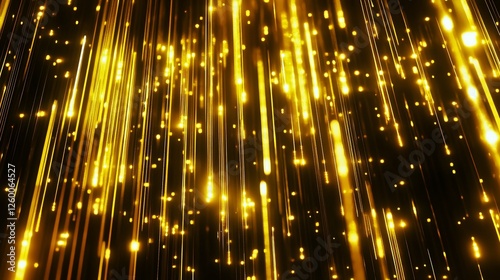 Abstract background of golden light streaks and sparkles falling on a black background.