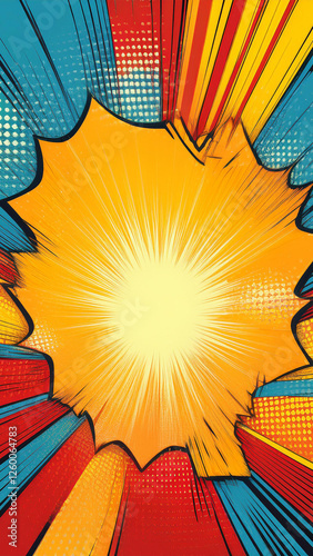 Colorful comic book background with dynamic explosions. Royalty high-quality free best stock of pop art splash backgrounds, speech bubble, halftone, vibrant bursts, cartoon retro starburst texture