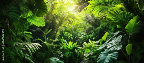 Lush green tropical jungle with vibrant foliage and sunlight filtering through dense leaves creating a serene natural atmosphere
