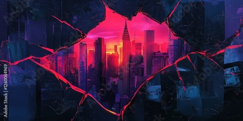 City skyline is viewed through a broken glass window